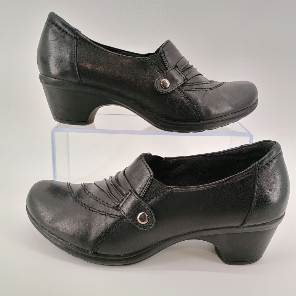 Earth Origins Womens Black Leather Slip on Shoes Low Molded Heel 7.5M Loafers